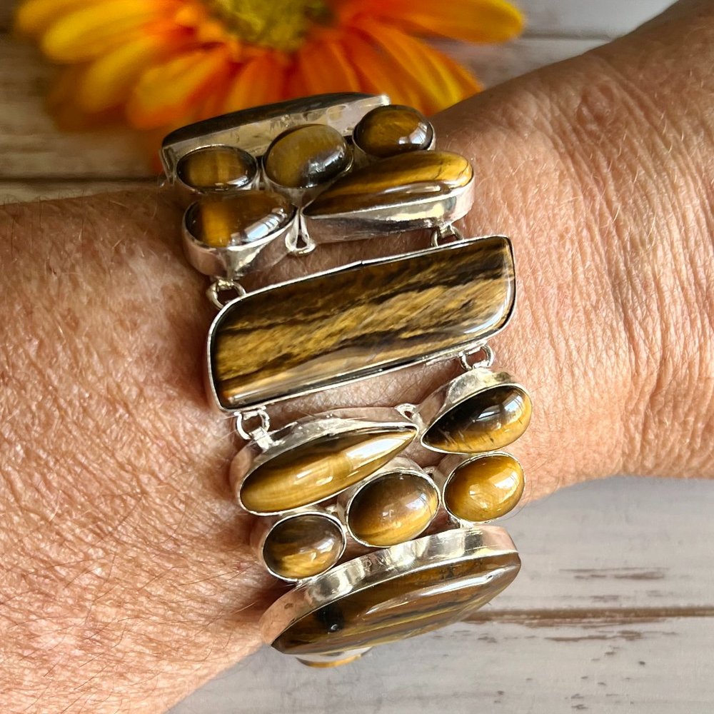Tiger Eye Bracelet Handmade Gemstone Crystal 925 Silver Large Adjustable Ethnic - Picture 4 of 12